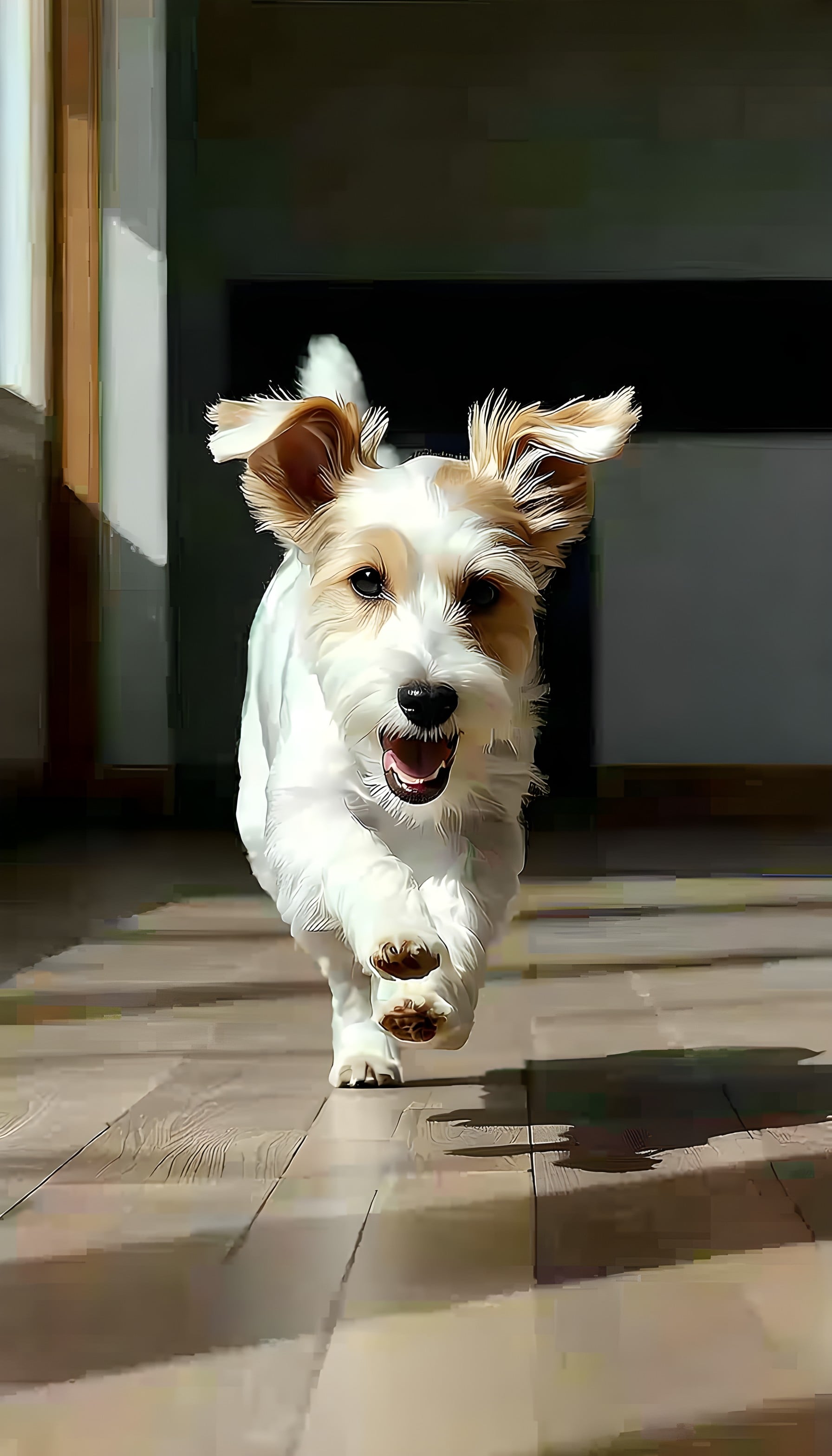 Cute Dog Running: Sunny Indoor Mobile Wallpaper, dog, puppy, running, happy, cute, sunlight