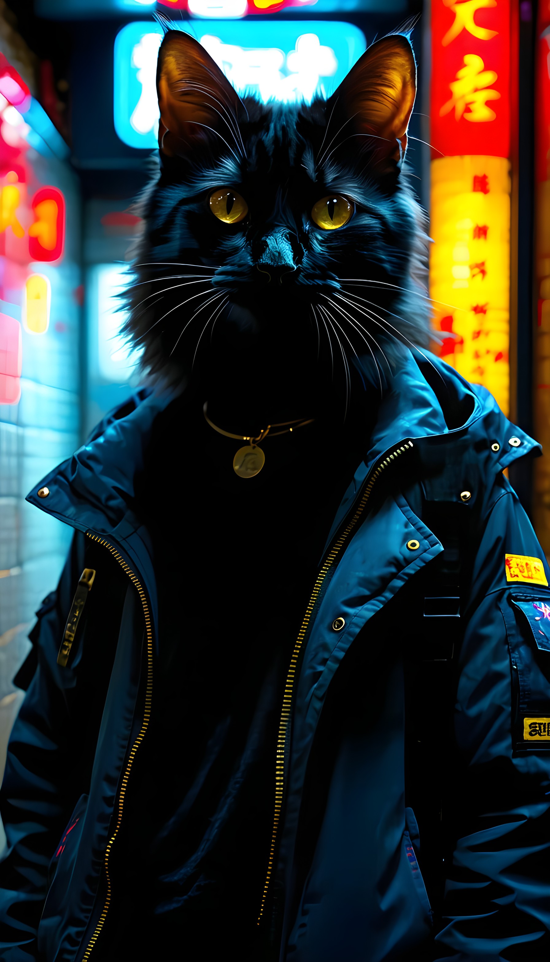 Cyberpunk Black Cat with Neon Glow Mobile Wallpaper, black cat, cyberpunk, neon lights, urban, futuristic, dark aesthetic