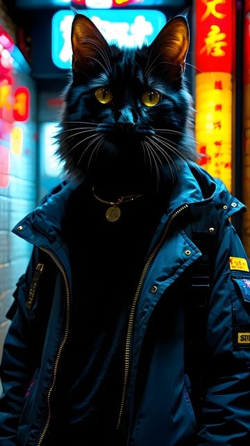 Cyberpunk Black Cat with Neon Glow Mobile Wallpaper
