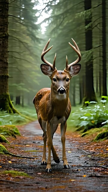 Majestic Deer in Misty Forest Path Wallpaper