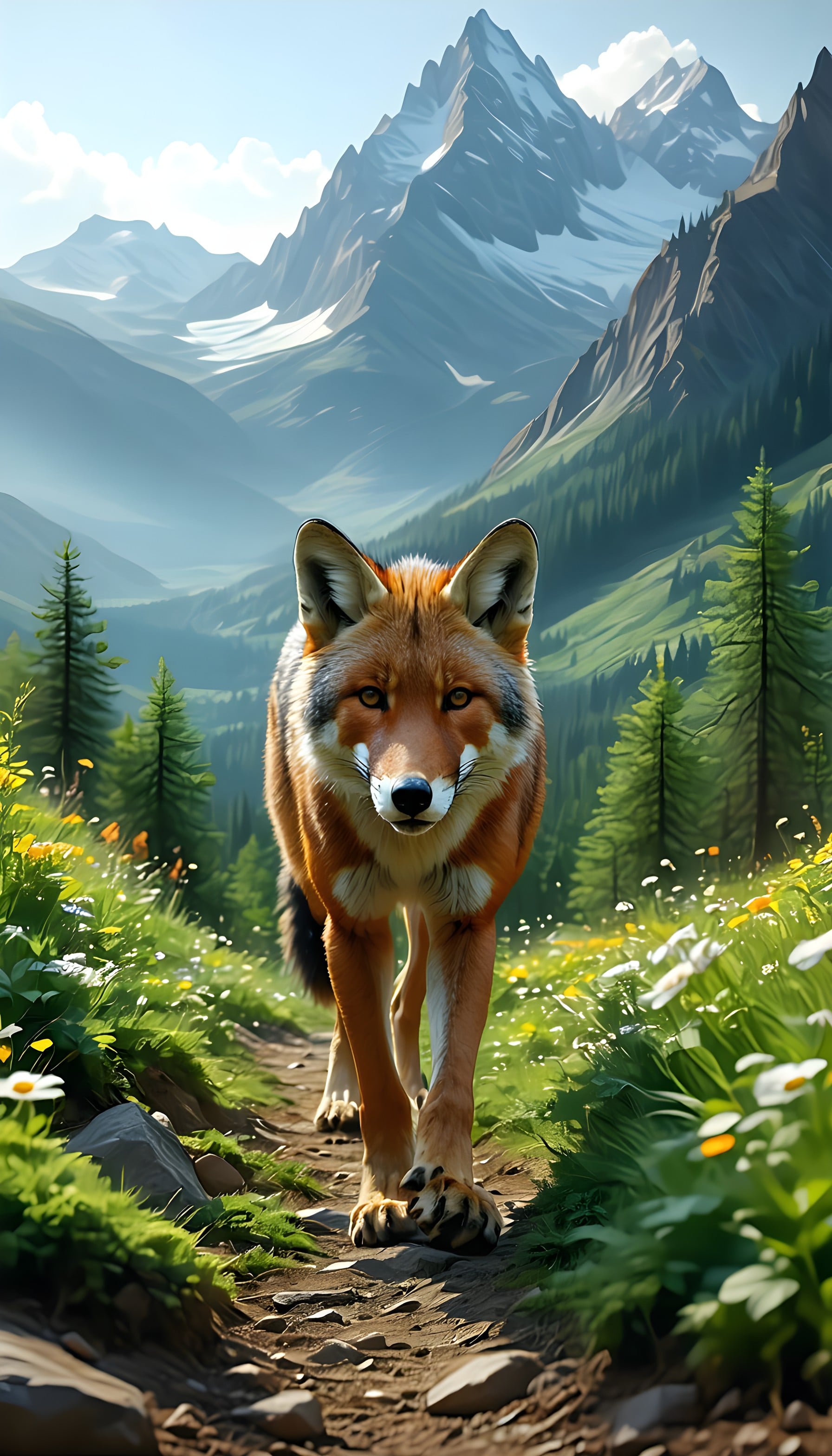 Majestic Fox on Mountain Trail Wallpaper, fox, wildlife, mountain landscape, nature trail, pine trees, snow peaks