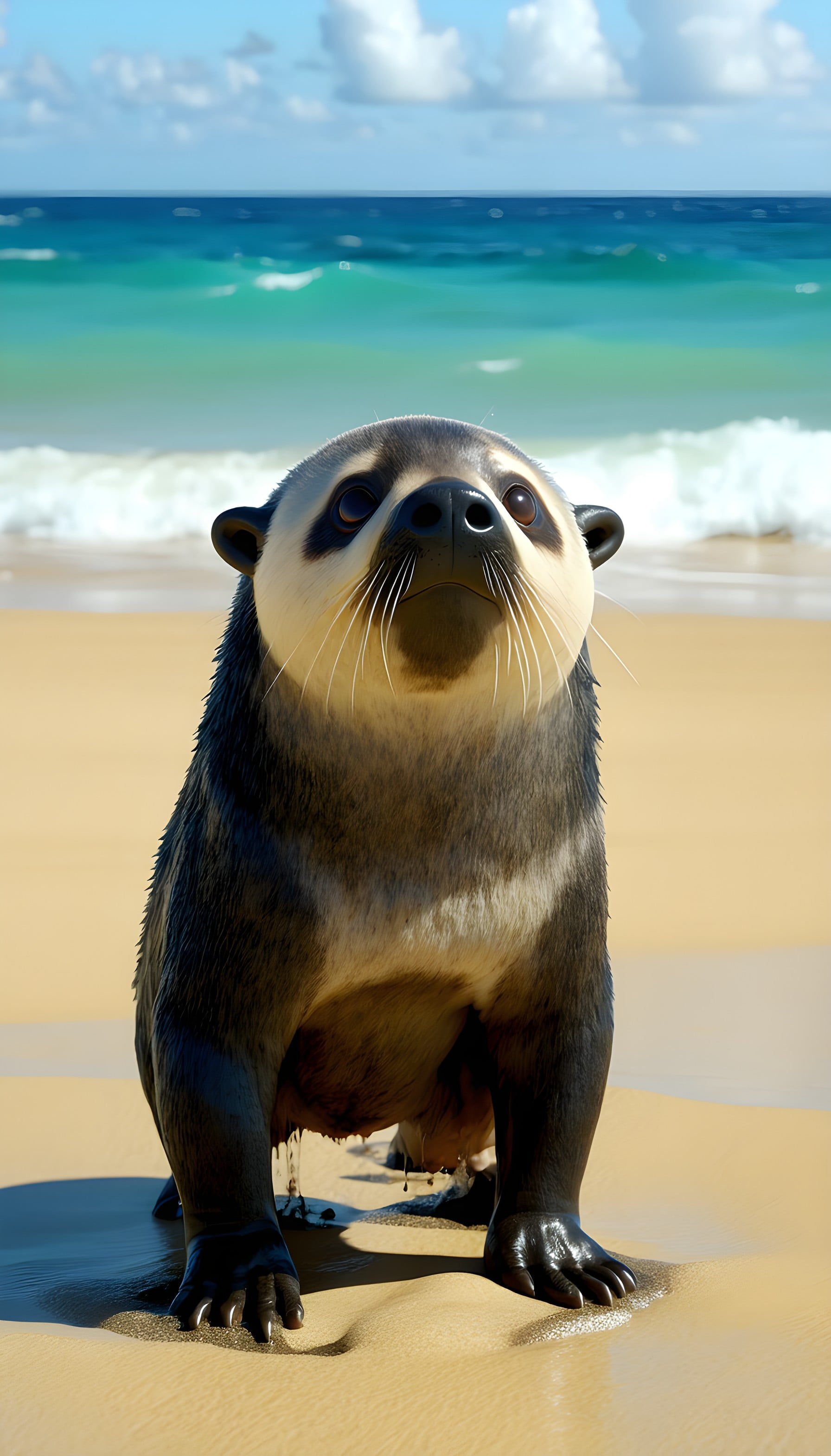 Adorable Otter-Panda Creature on Tropical Beach, cute, animal, otter, panda, beach, tropical