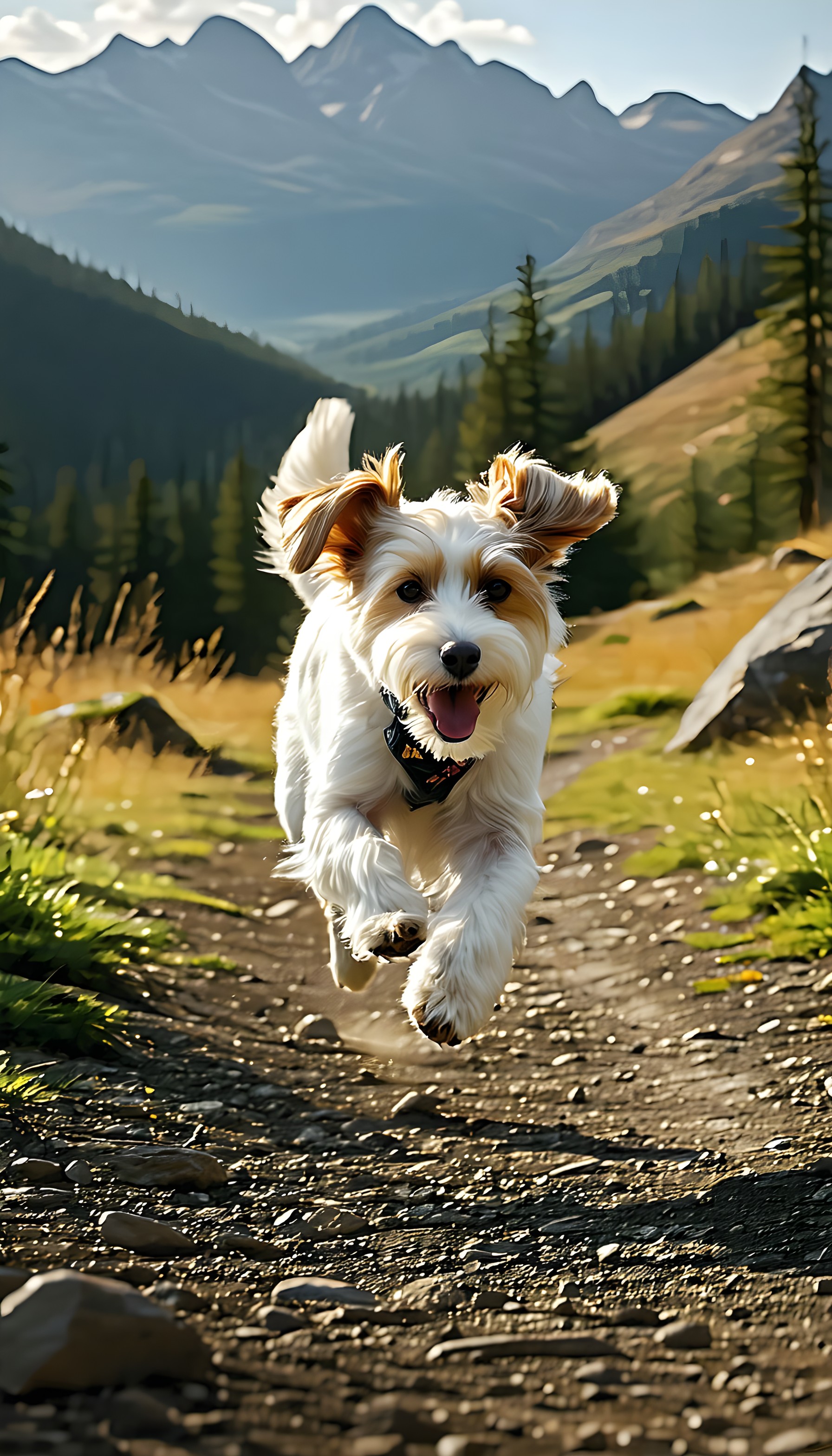 Happy Dog Running Mountain Trail, happy dog, running dog, mountain trail, nature adventure, pet wallpaper, animal