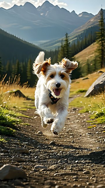 Happy Dog Running Mountain Trail