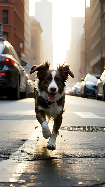 Happy Dog Running Urban Street Golden Hour Wallpaper