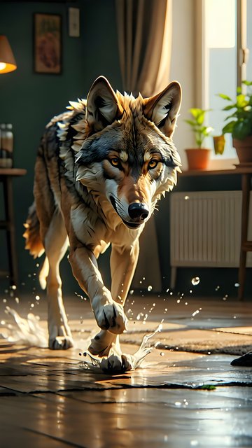 Dynamic Wolf Stride: Indoor Water Splash