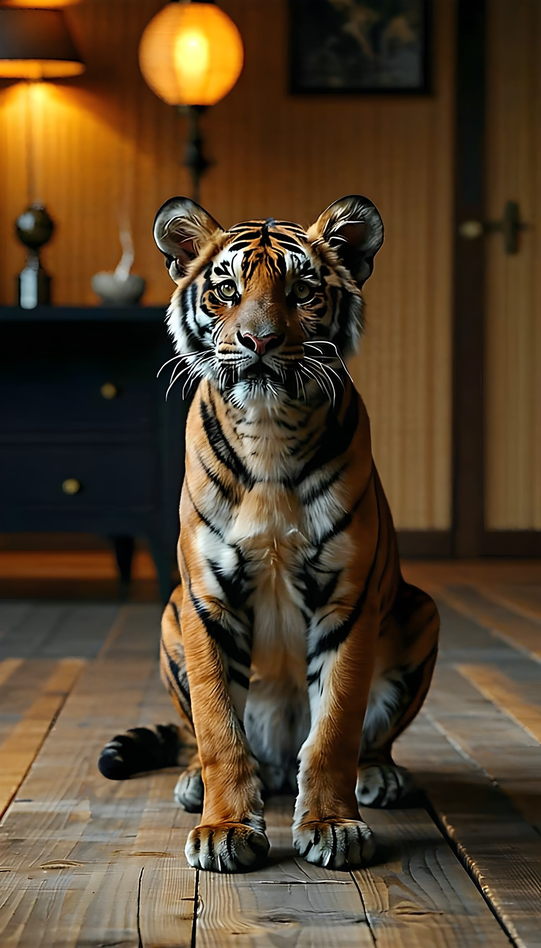 Watchful Tiger Cub Portrait Warm Indoor Wallpaper, tiger, cub, wildlife, indoor, animal portrait, phone wallpaper