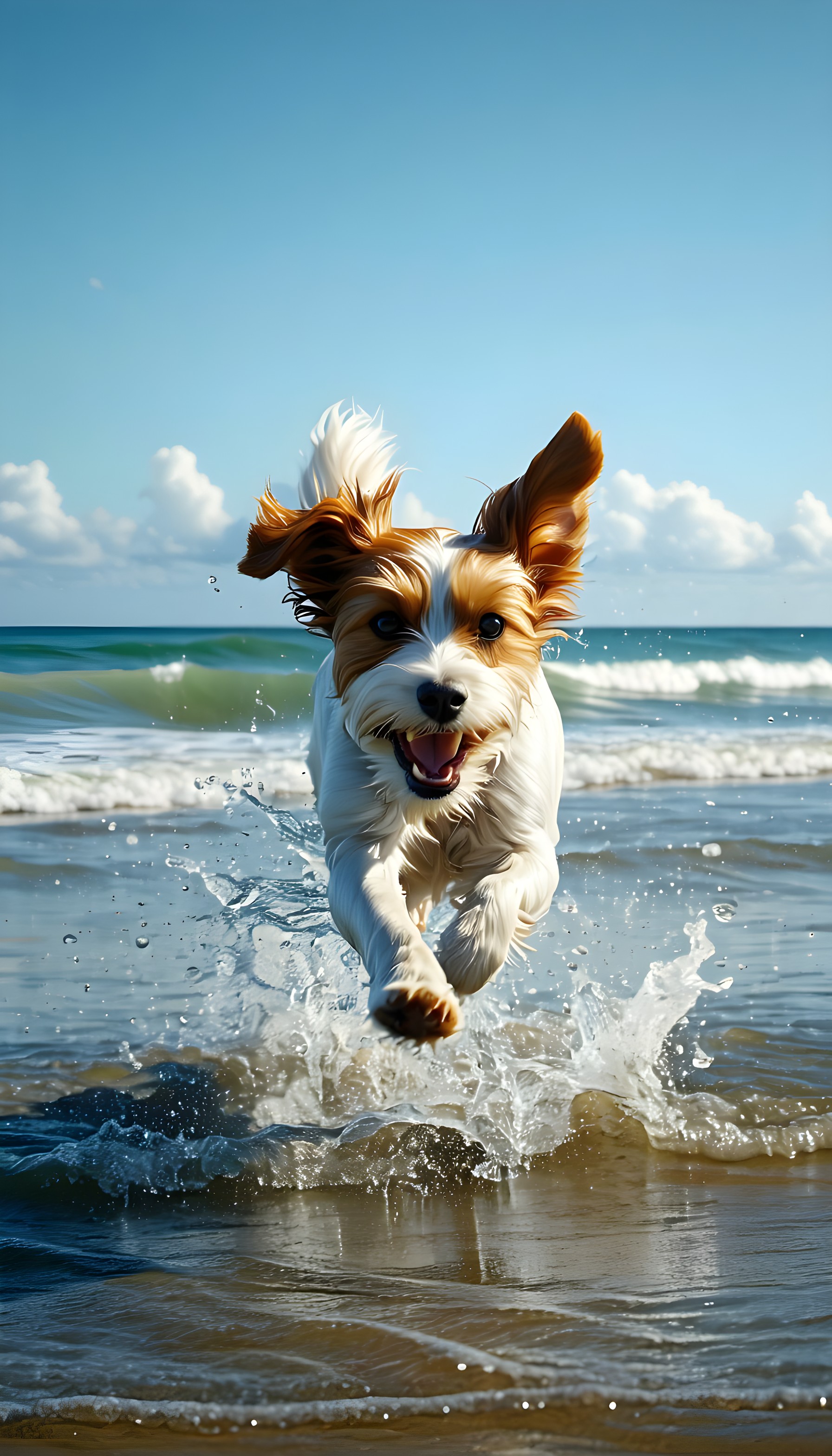Joyful Dog Splashing at Beach | Cute Puppy Wallpaper, dog, puppy, beach, ocean, water splash, happy
