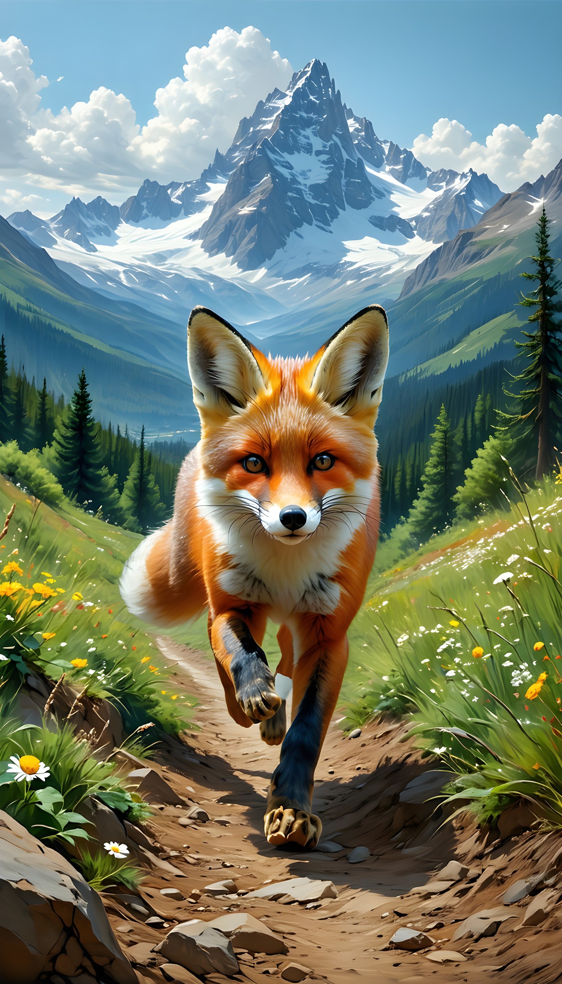 Vibrant Fox on Majestic Mountain Trail Wallpaper, fox, wildlife, mountain, nature, trail, vibrant