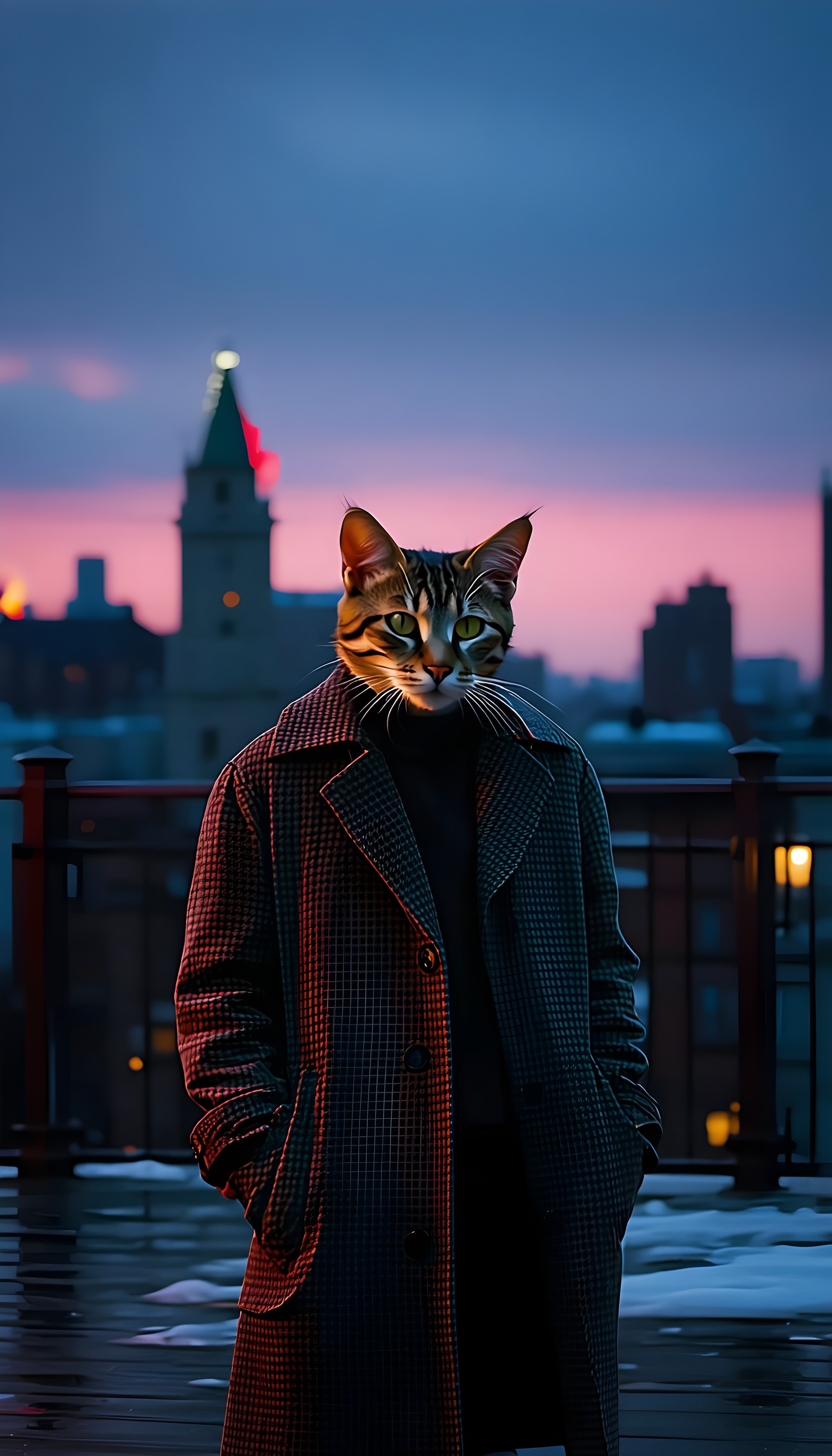 Cool Cat in Trench Coat Cityscape Twilight Wallpaper, cat, trench coat, cityscape, twilight sky, aesthetic, stylish