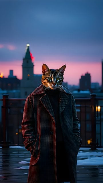 Cool Cat in Trench Coat Cityscape Twilight Wallpaper