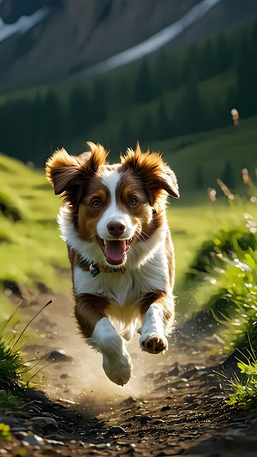 Joyful Aussie Dog Running Mountain Path Wallpaper