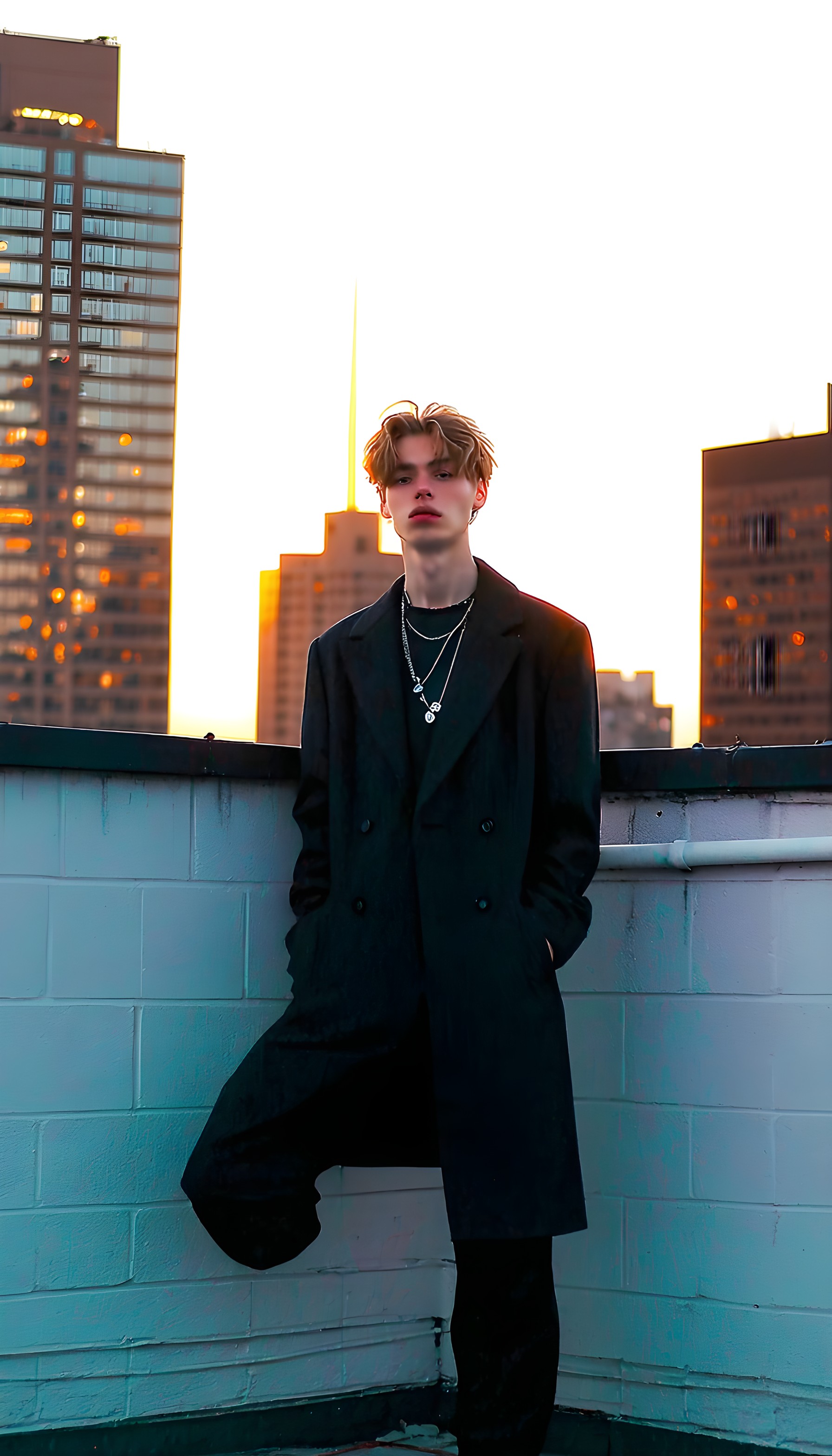 Stylish Man on Urban Rooftop at Golden Hour, stylish man, urban fashion, rooftop, golden hour, cityscape, aesthetic wallpaper