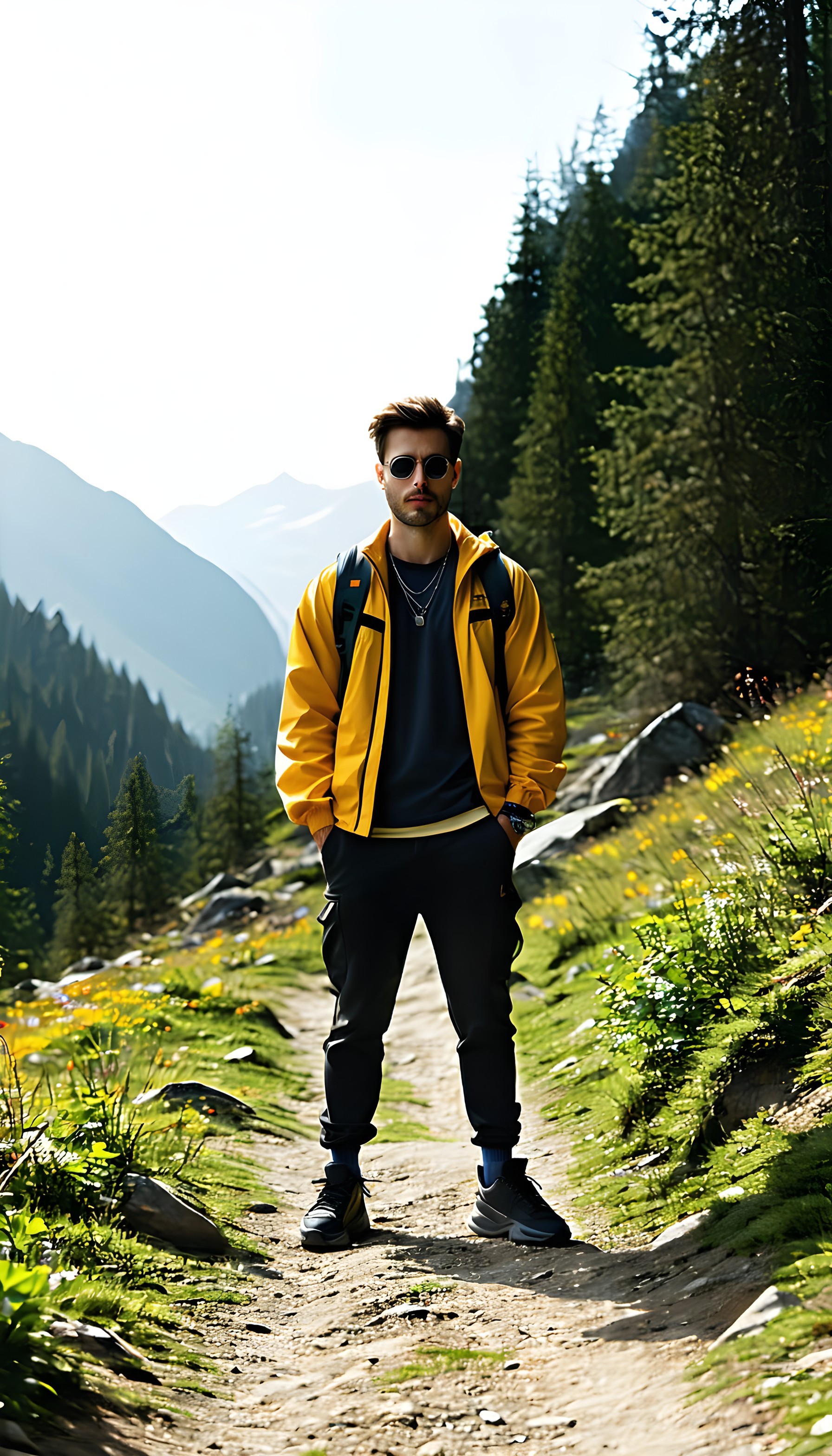 Stylish Hiker in Yellow Jacket on Mountain Trail, hiker, mountain, adventure, yellow jacket, nature, outdoors