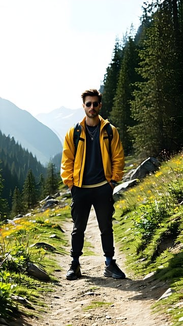 Stylish Hiker in Yellow Jacket on Mountain Trail