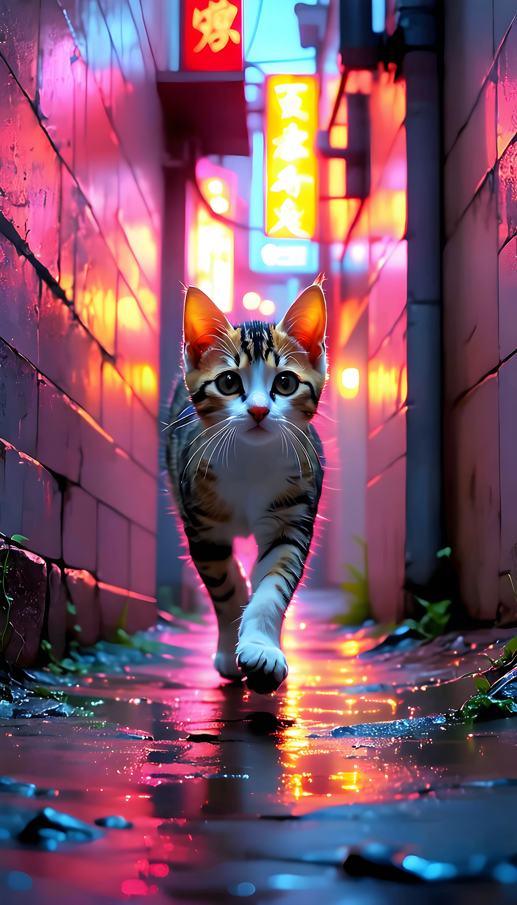 Cyberpunk Alley Kitten: Neon City Night Wallpaper, kitten, cat, neon, cyberpunk, city, alley