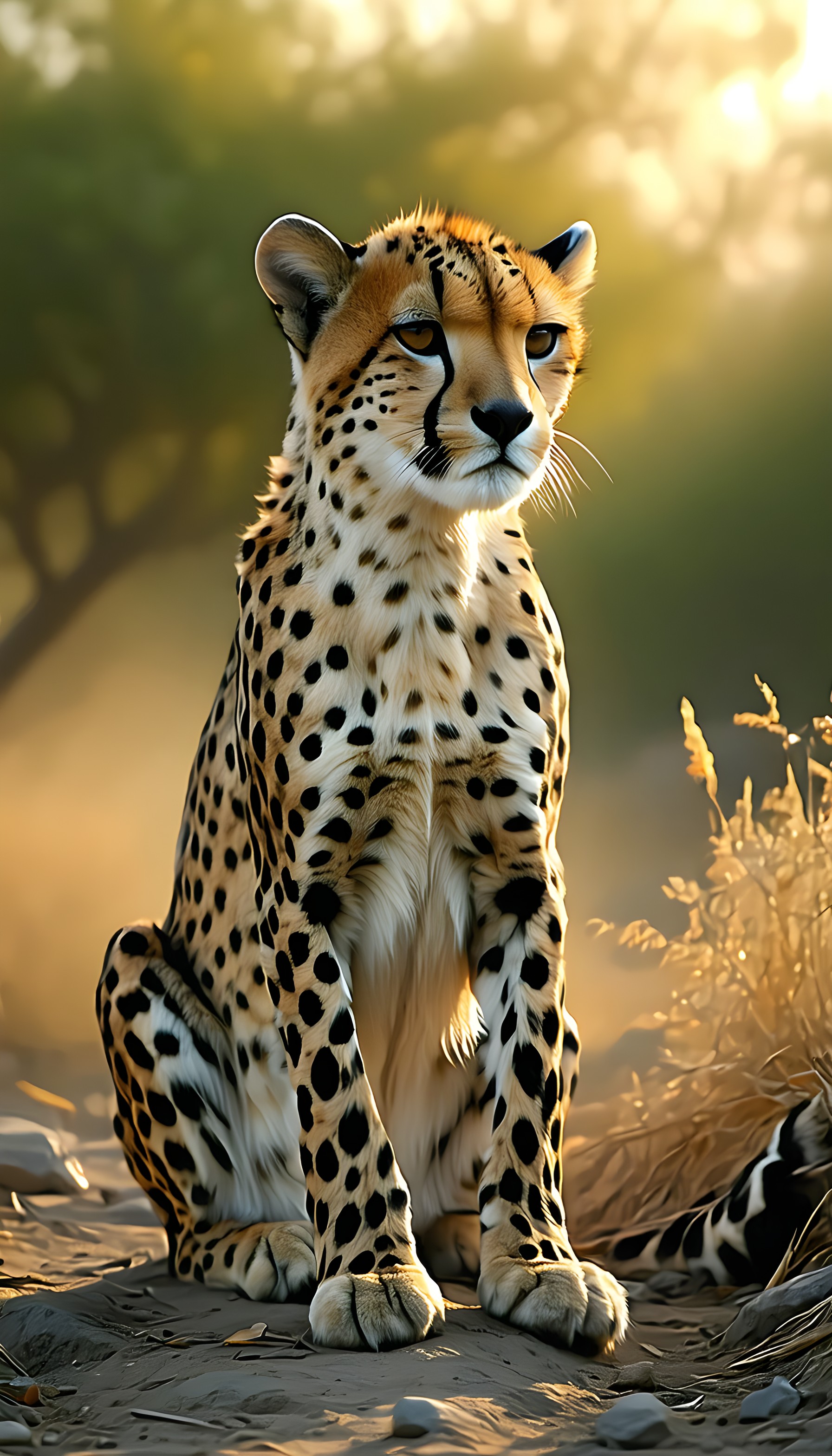 Majestic Cheetah in Golden Savannah Sunlight, cheetah, wildlife, savannah, golden hour, nature, animal