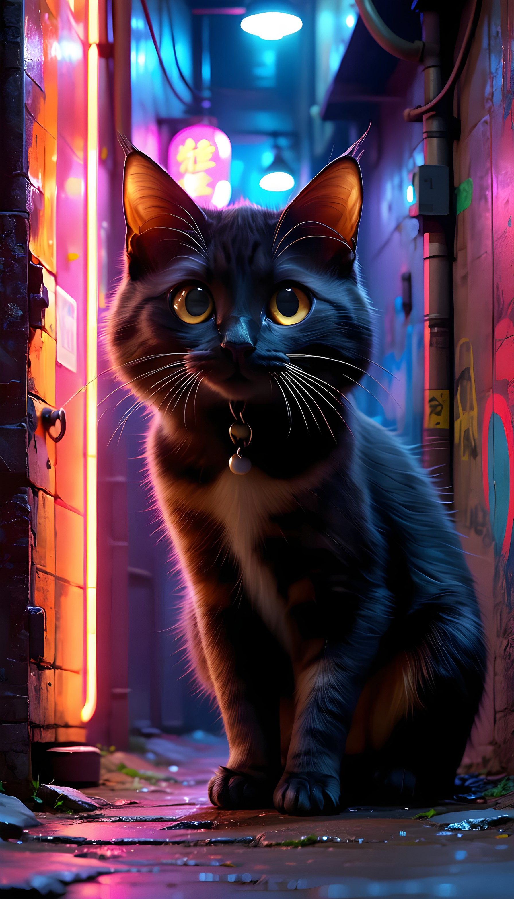 Cyberpunk Neon Cat Alley Wallpaper, cyberpunk cat, neon alley, aesthetic wallpaper, urban night, cute feline, glowing eyes