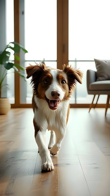 Happy Brown White Dog Running Indoor Wallpaper