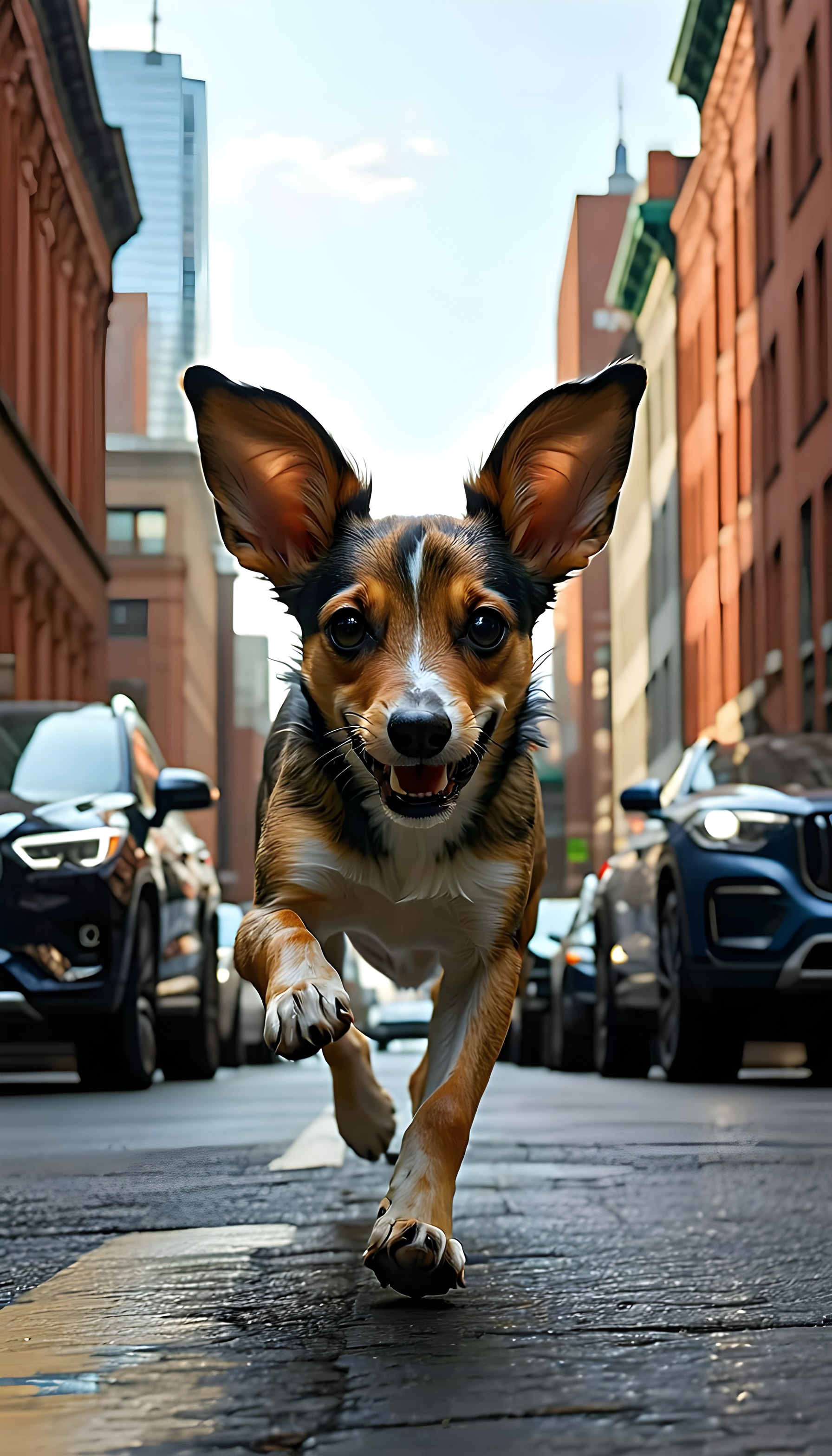 Energetic Dog Running City Street Urban Action, dog, happy dog, running, city street, urban, energetic