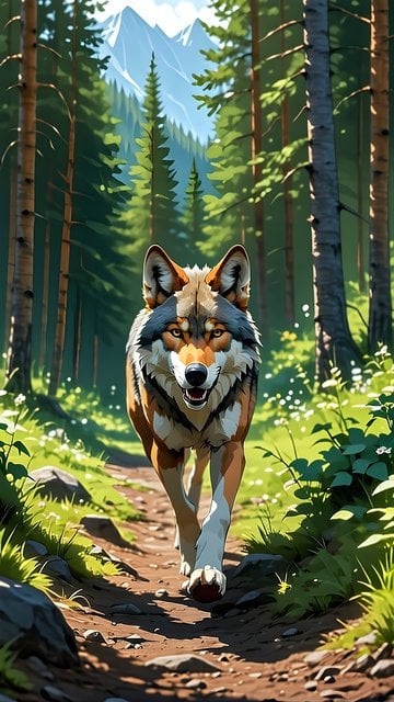Wild Wolf on Forest Path in Vibrant Woods