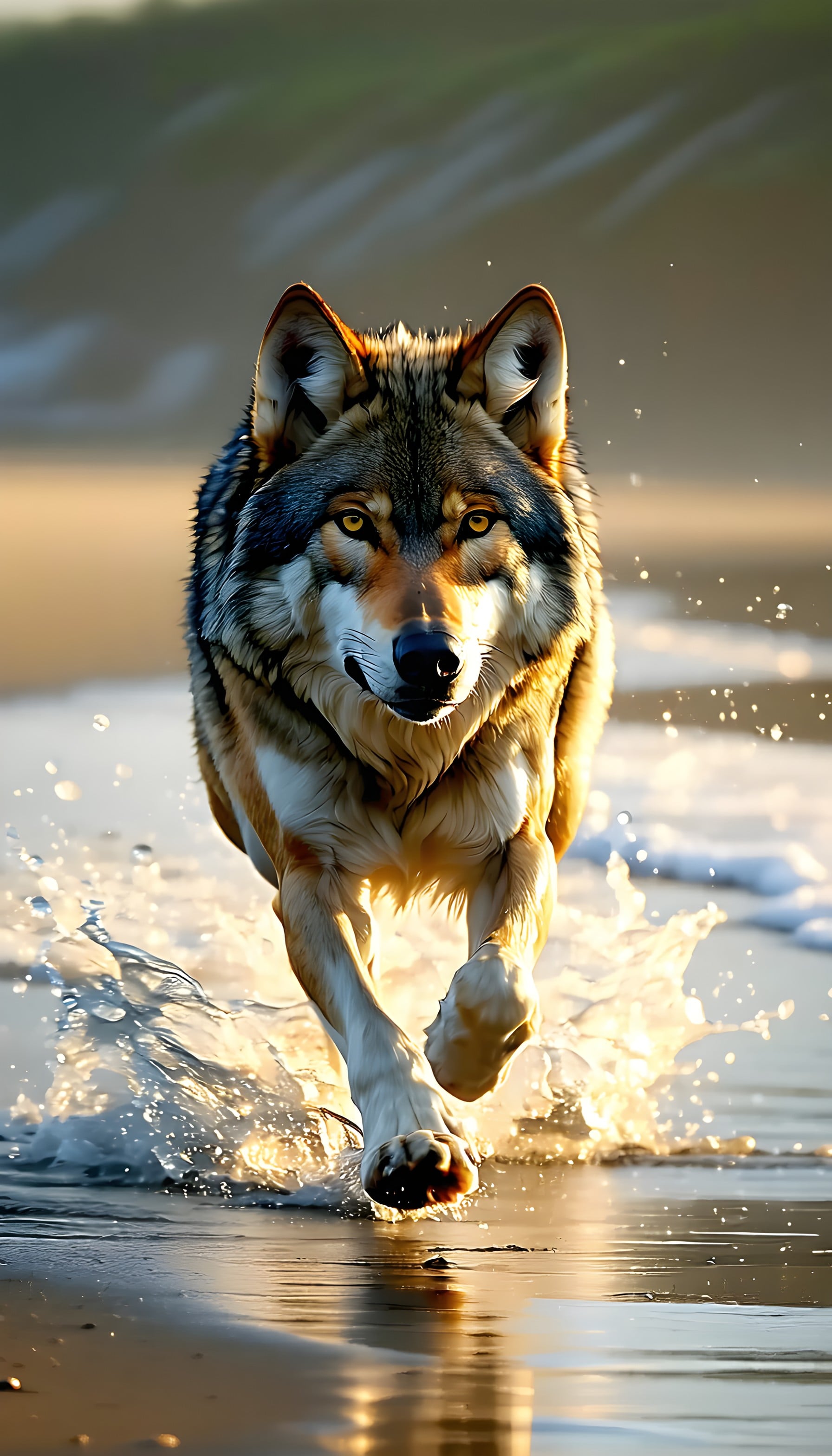 Majestic Wolf Running Golden Beach Wallpaper, wolf, wildlife, animal, running, beach, golden hour