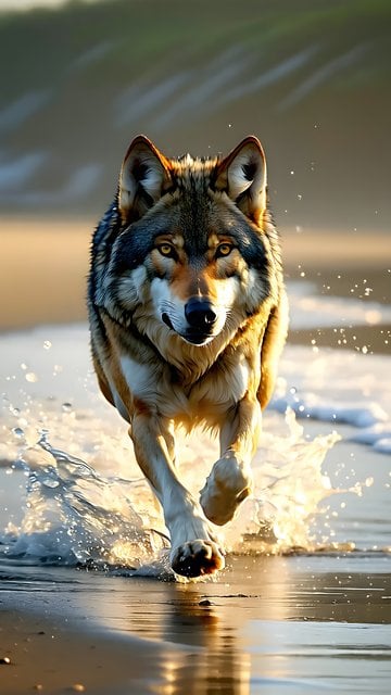 Majestic Wolf Running Golden Beach Wallpaper