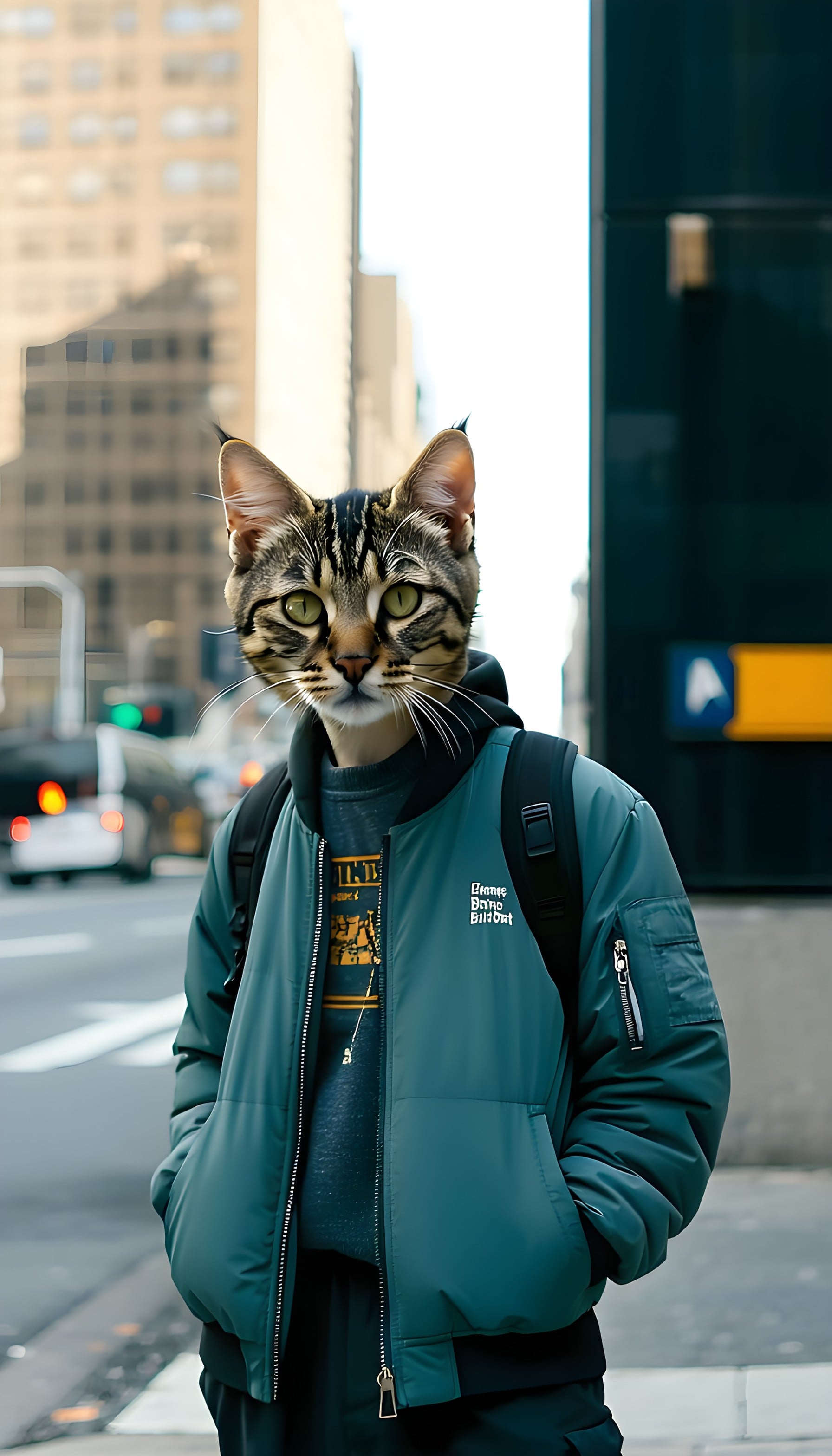Urban Cat Hybrid Street Style Portrait, anthropomorphic cat, cat hybrid, street style, urban fashion, city life, teal jacket