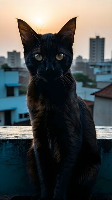 Black Cat Silhouette Golden Eyes Sunset City Rooftop