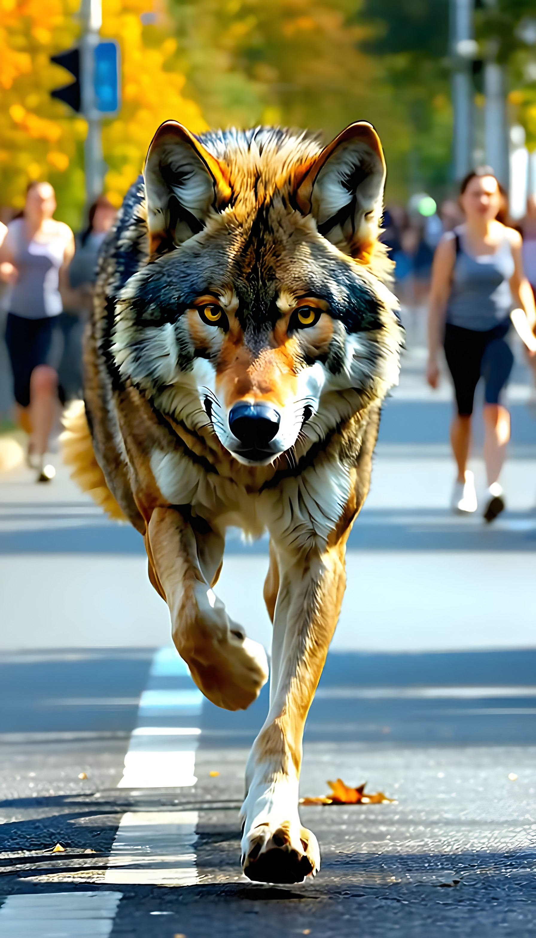 Dynamic Golden Wolf Sprinting Urban Autumn Scene, wolf, animal, running, urban, autumn, golden