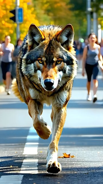 Dynamic Golden Wolf Sprinting Urban Autumn Scene
