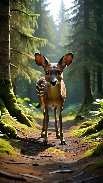 Adorable Fawn in Sunlit Forest Path Wallpaper