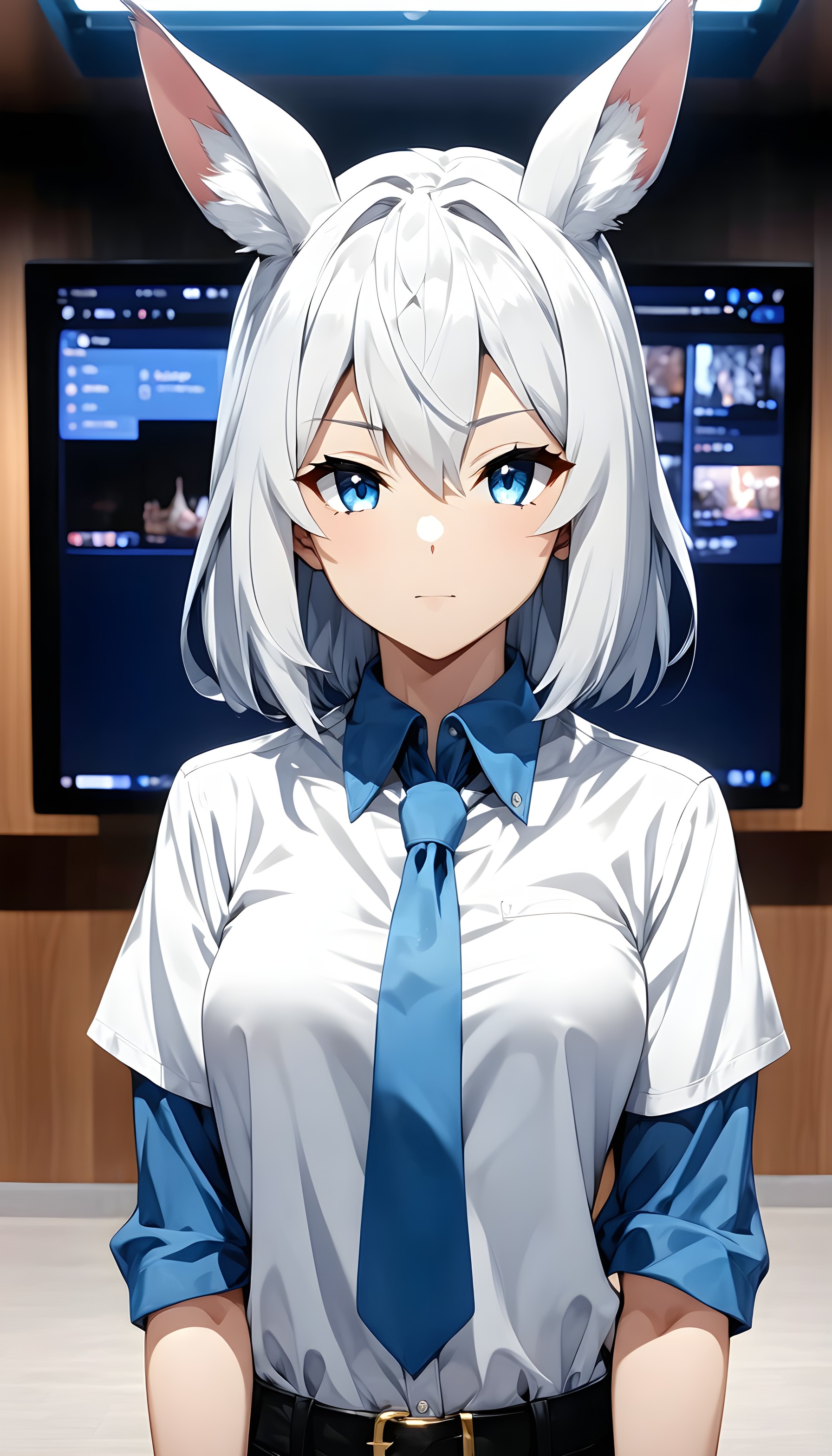 Anime Fox Girl in Blue Tie Uniform Wallpaper, anime, fox girl, kemonomimi, white hair, blue eyes, blue tie