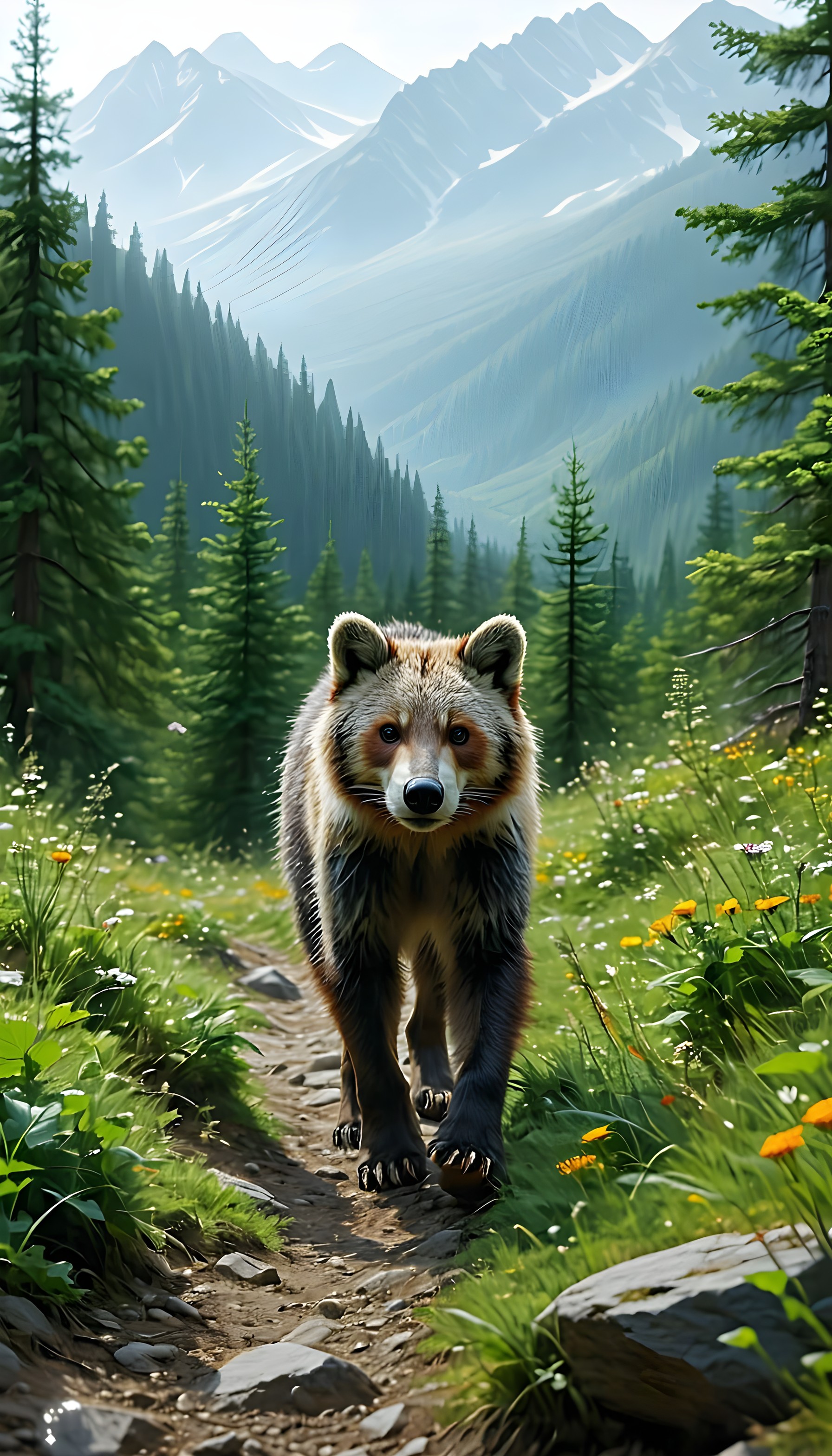 Wild Bear Cub on Mountain Forest Trail, bear cub, forest, mountain, wildlife, nature, trail