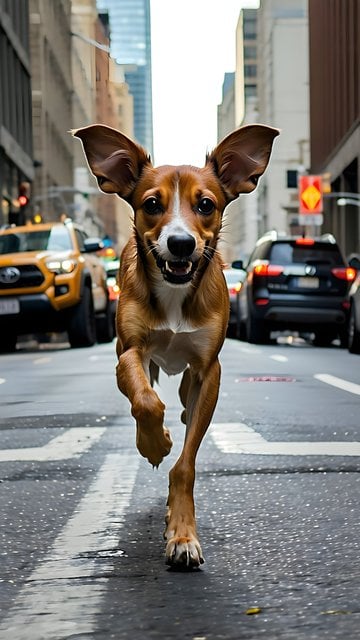 Happy Dog Sprinting City Street Mobile Wallpaper