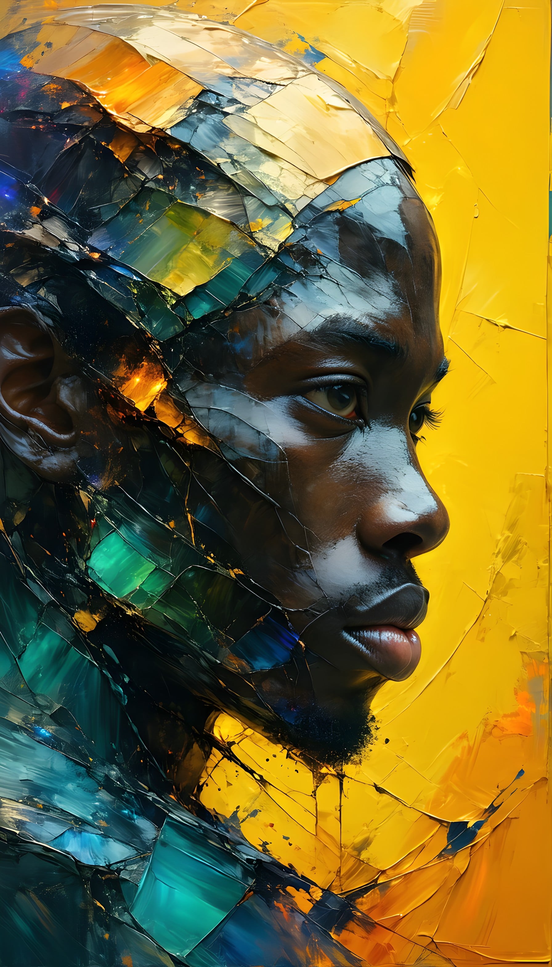 Vibrant Fragmented Portrait Art Wallpaper, abstract art, fragmented portrait, yellow background, teal blue, modern digital art, impasto texture