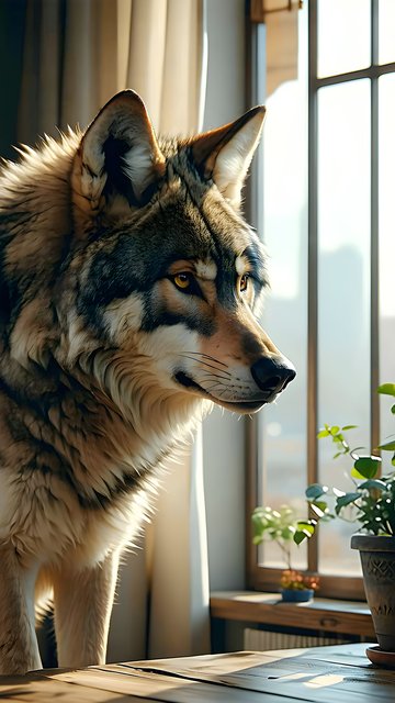 Curious Wolf in Golden Light by Window Wallpaper