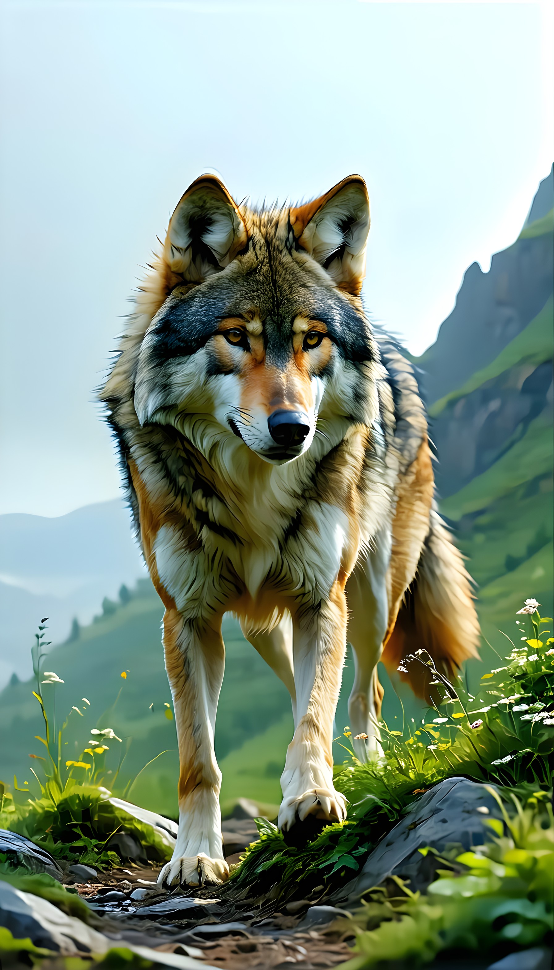 Majestic Wolf on Mountain Trail Wallpaper, wolf, majestic, wildlife, nature, mountain, trail