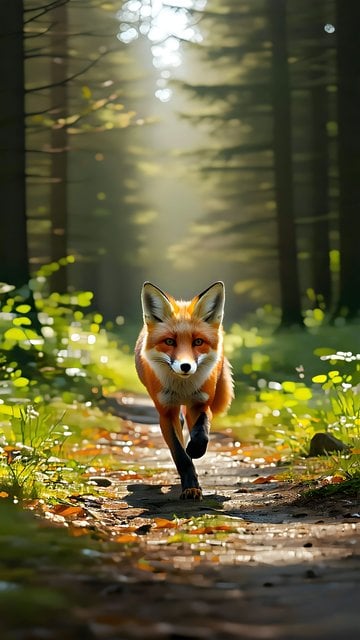 Vibrant Red Fox in Sunlit Forest Path Wallpaper