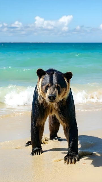 Spectacled Bear on Turquoise Beach Mobile Wallpaper