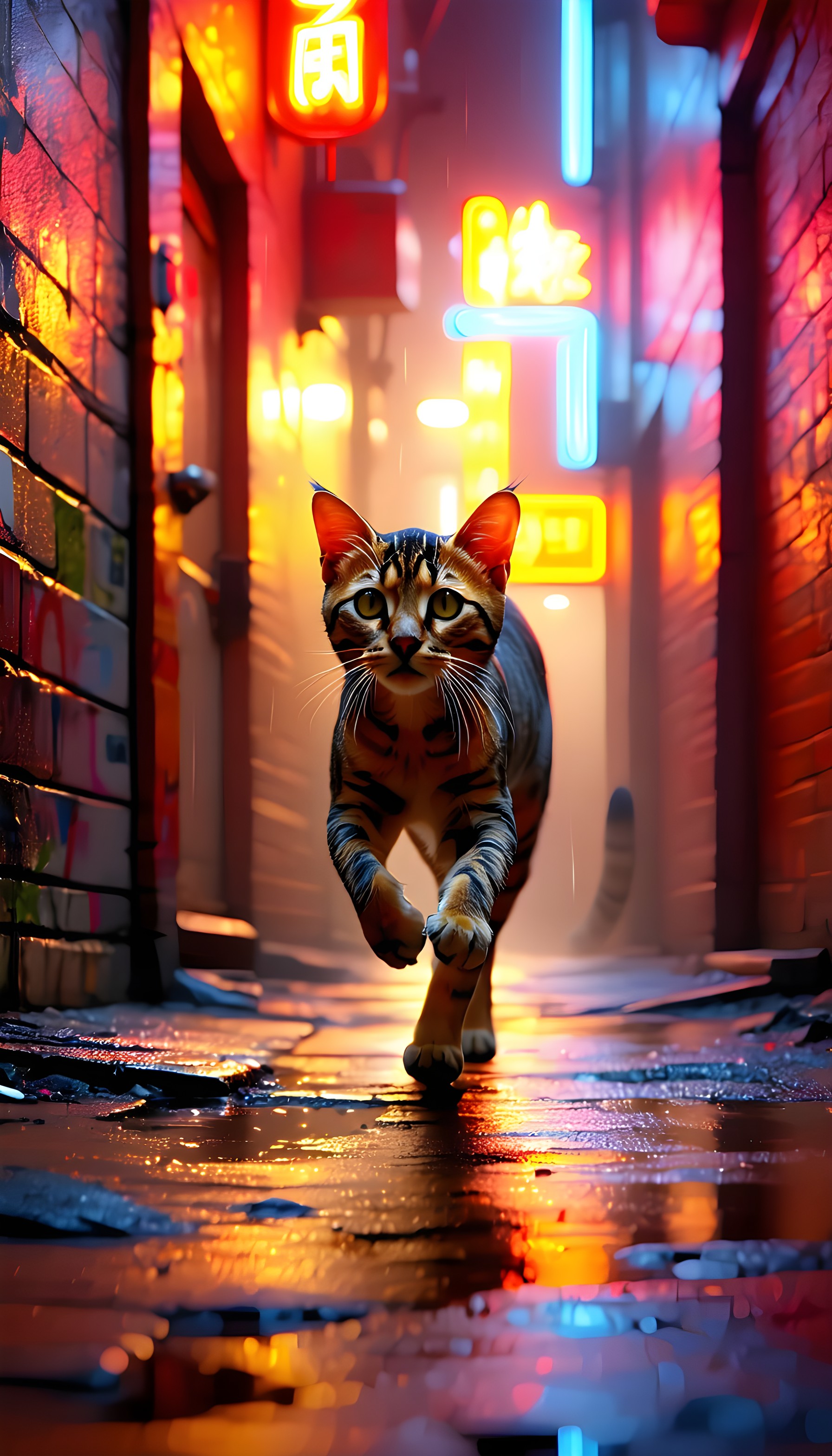 Neon Alley Cat: Bengal Stroll Under City Lights, cat, bengal cat, neon, urban, alley, night