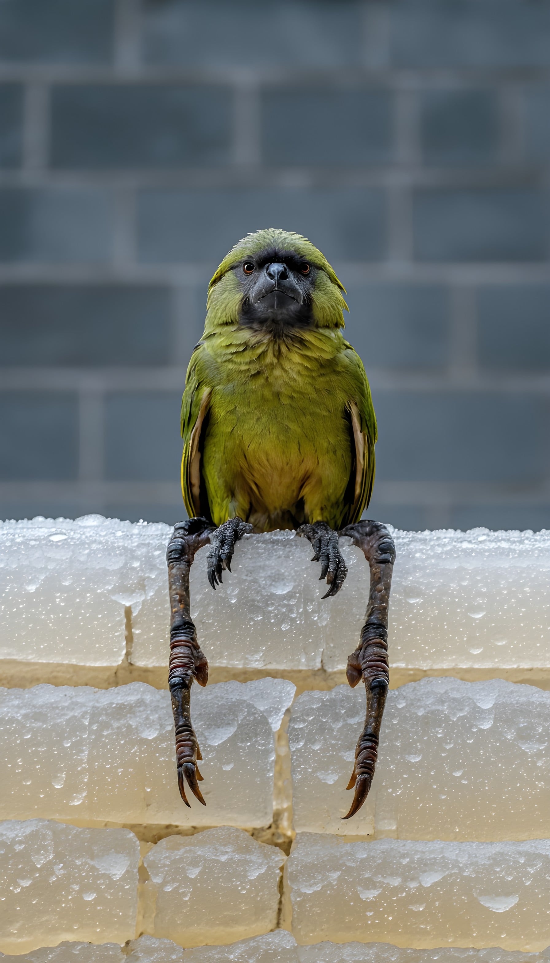 Olive Parrot Sitting on Ice Blocks Wallpaper, parrot, bird, olive green, ice, animal, wildlife