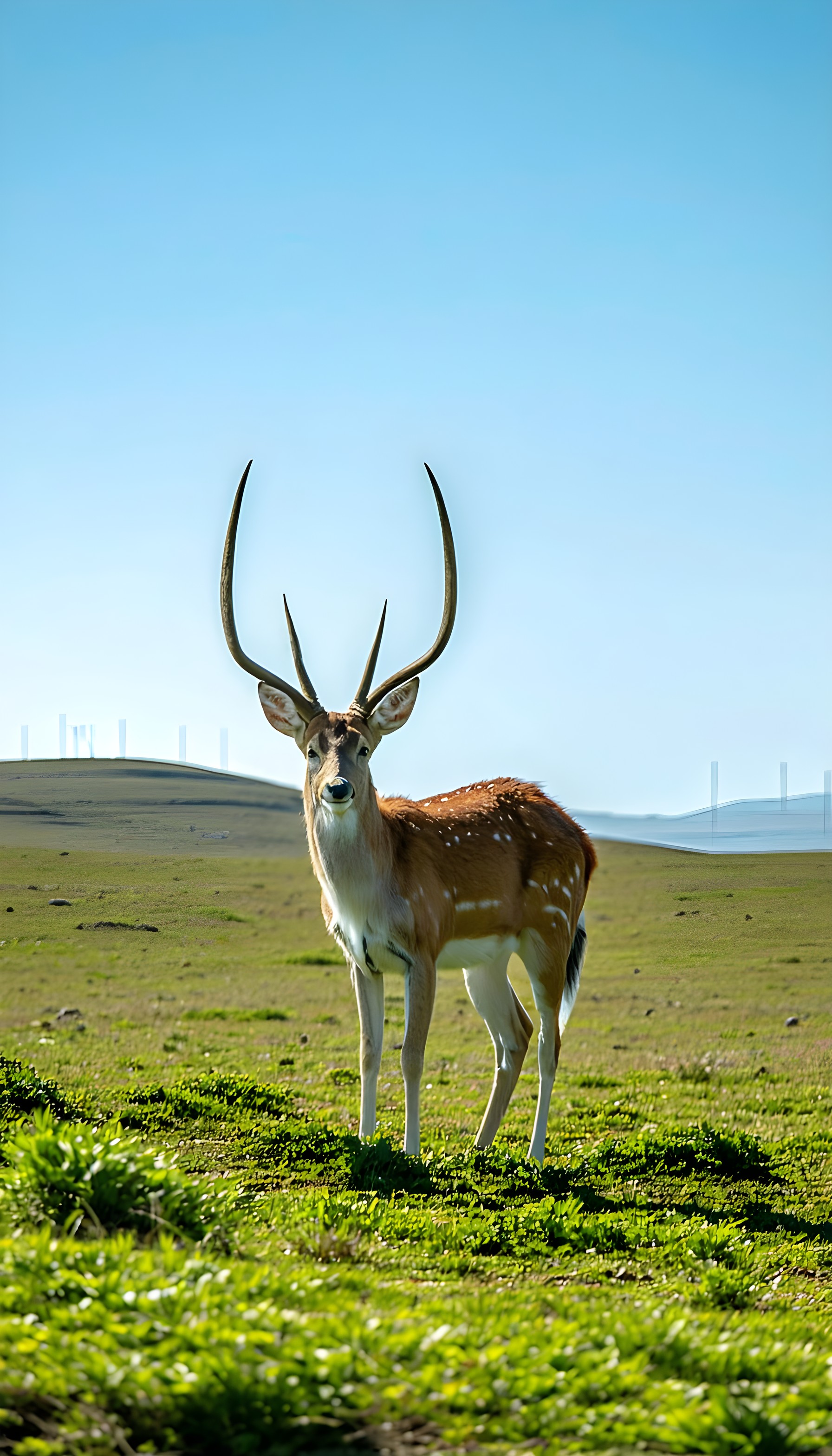 Spotted Deer in Sunny Green Field with Striking Antlers, deer, spotted deer, wild animal, majestic, nature, green field