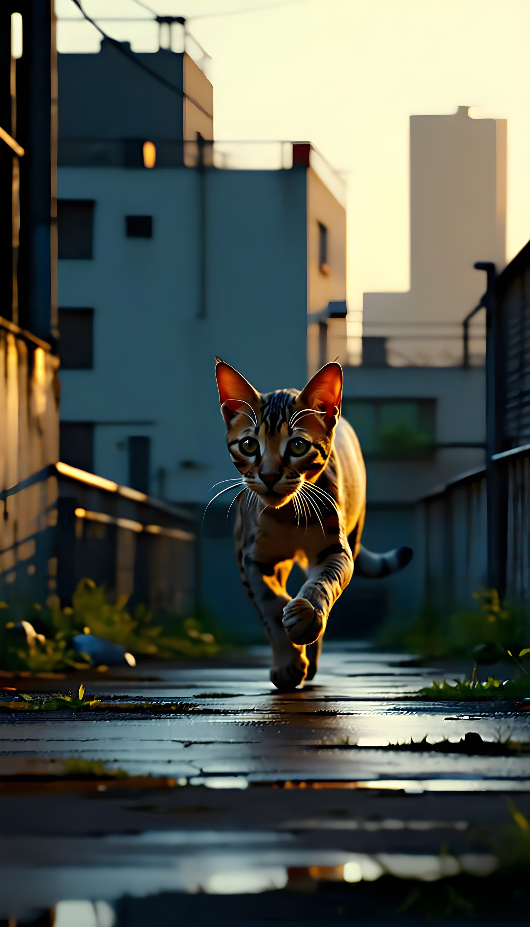 Golden Hour Cat in Urban Alleyway Wallpaper, cat, feline, urban, alleyway, golden hour, sunset