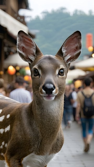 Adorable Sika Deer in Bustling Street Wallpaper