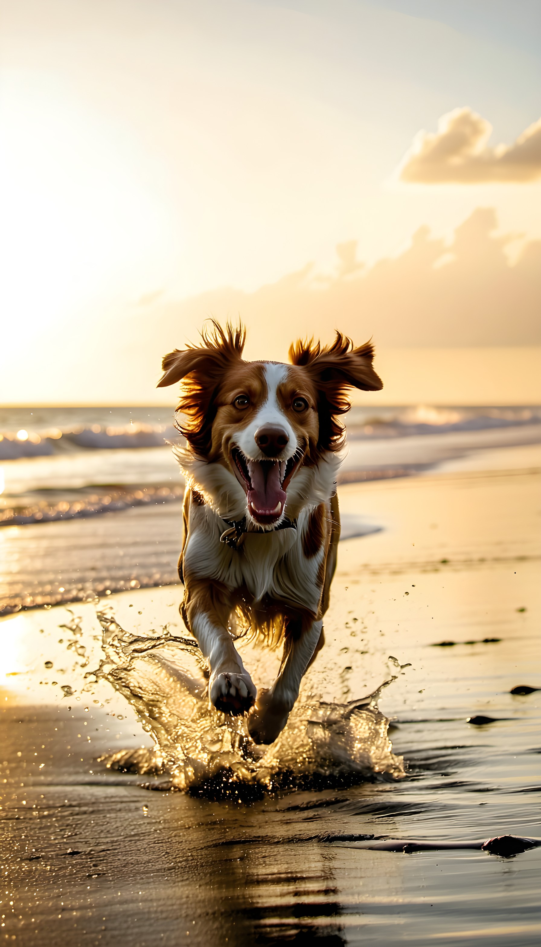 Joyful Dog Splashing at Beach Golden Hour Wallpaper, dog, happy dog, beach, golden hour, sunset, water splash