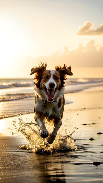 Joyful Dog Splashing at Beach Golden Hour Wallpaper
