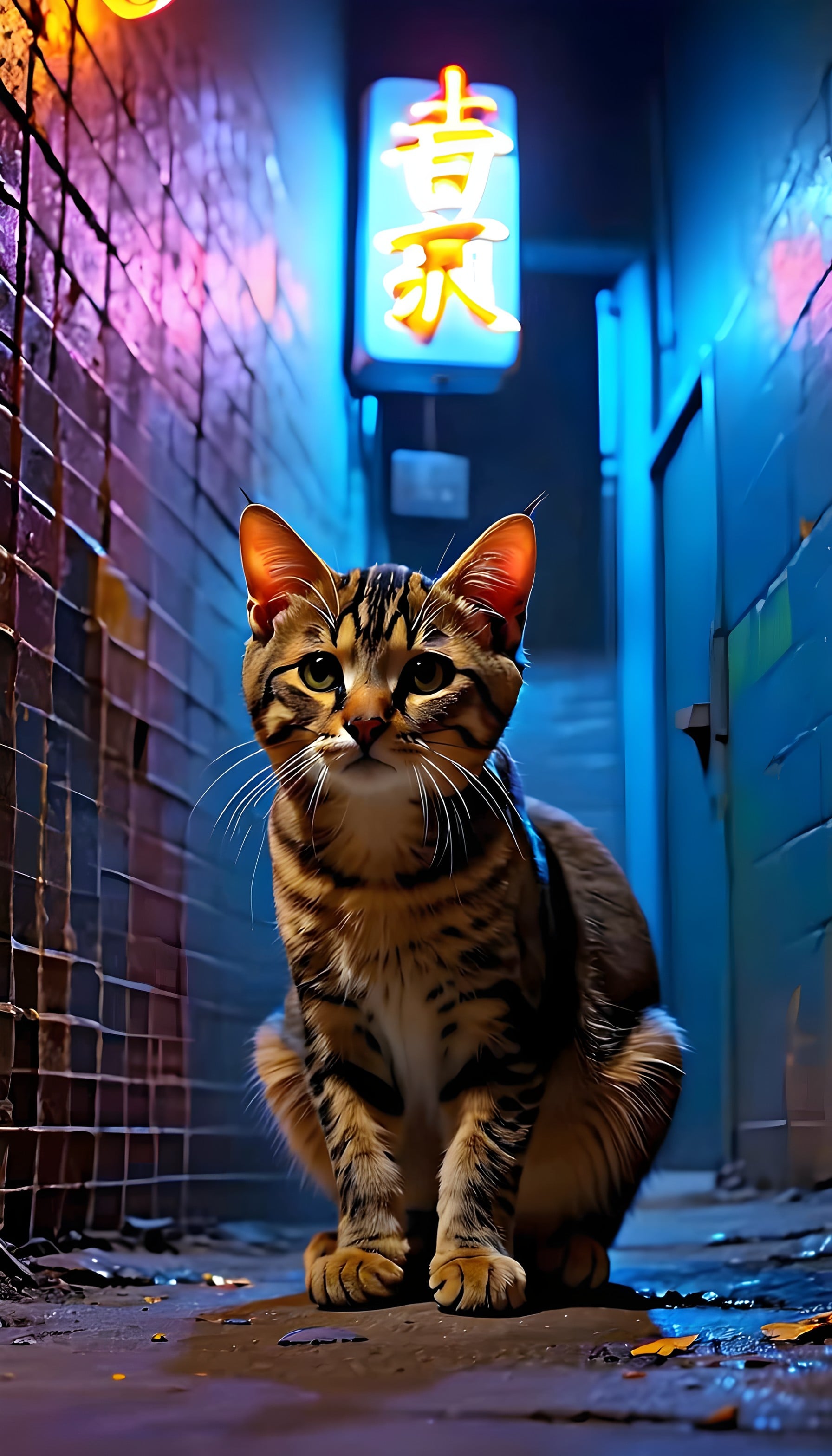 Neon Cyberpunk Alley Cat Mobile Wallpaper, cat, tabby cat, neon alley, cyberpunk, urban night, vibrant