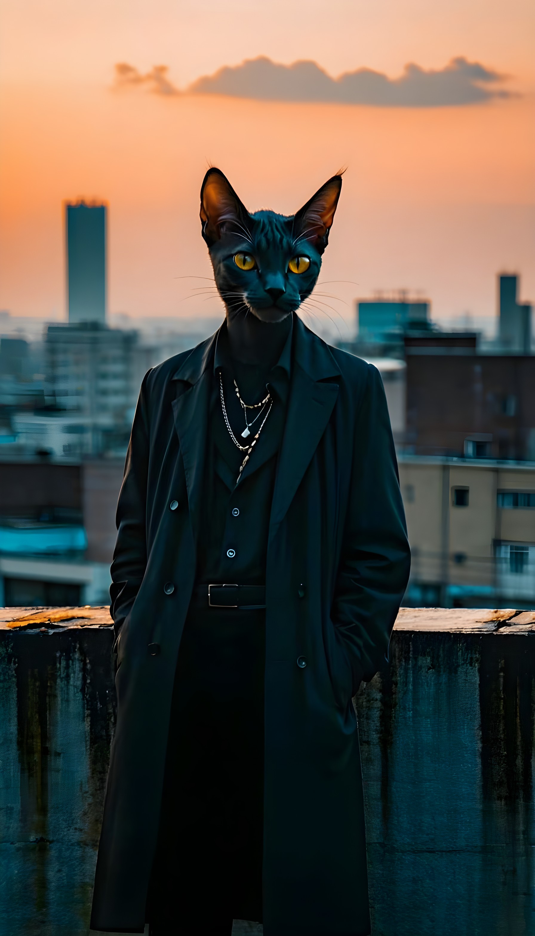 Stylish Cat in Trench Coat at Sunset City, black cat, trench coat, cat person, urban sunset, city skyline, mysterious