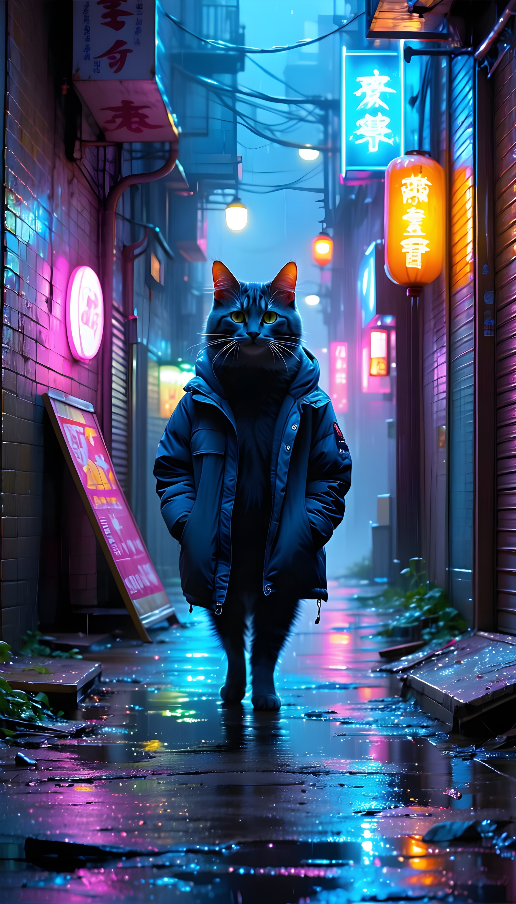 Cool Cat in Neon Alley: Cyberpunk Urban Wallpaper, cyberpunk cat, neon alley, urban street, moody aesthetic, blue purple, cool cat
